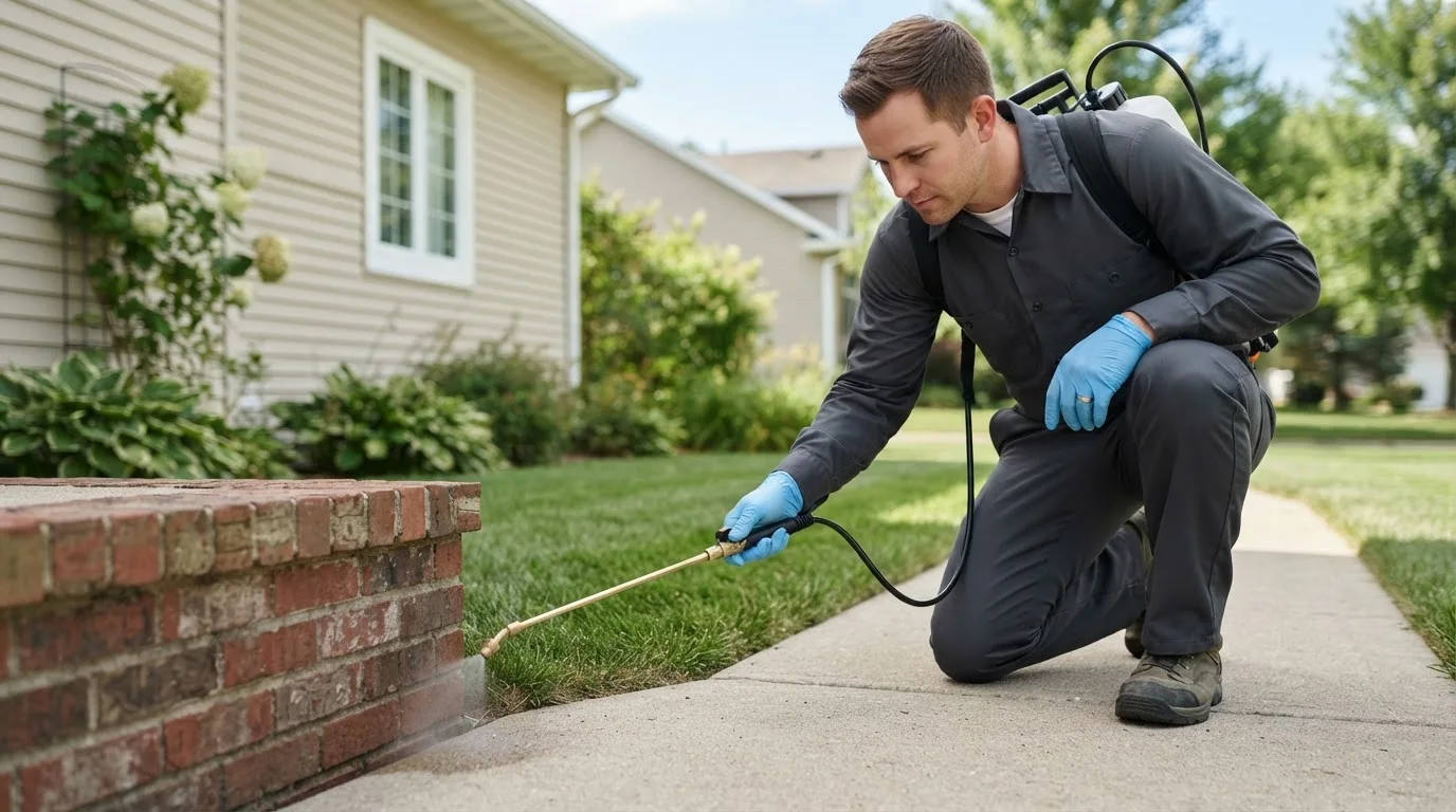 Pest control technician treating a home near Davis, OK